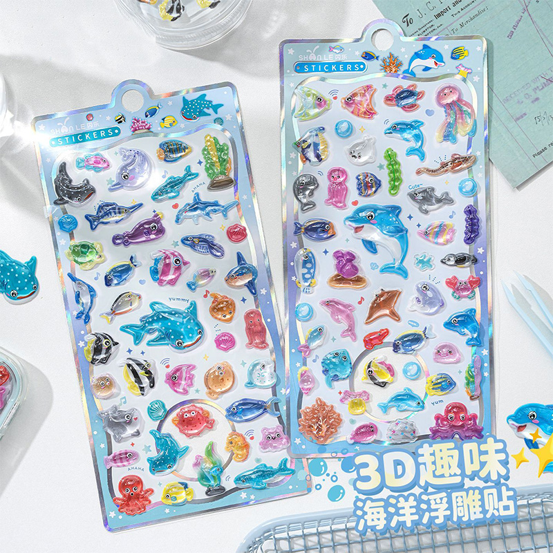 Japanese Lifestyle Movie - 和風漫画海洋生物 3D レリーフクリスタルステッカーかわいいイルカサメ装飾ステッカー Diy 電話ケースおもちゃギフト