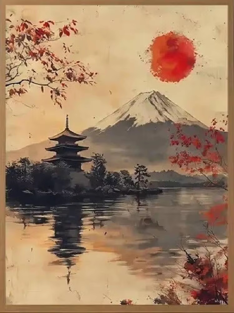 数字で描く油絵 日本風 赤い太陽の風景 キャンバスアート 壁 - Japanese Lifestyle Movie のレビューと価格