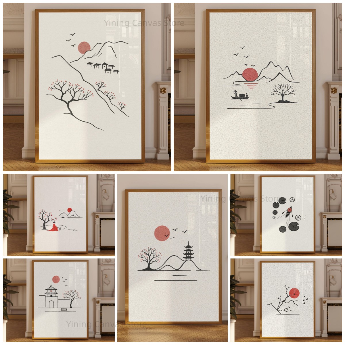 ミニマリストの日本水墨画ポスター、鳥の絵が描かれた赤い太陽の - Japanese Minimalist Lifestyle のレビューと価格